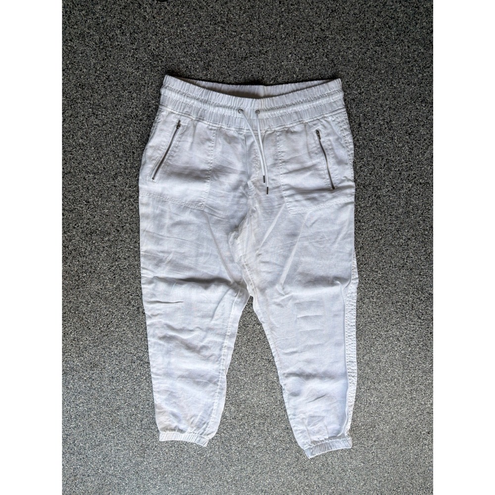 Athleta Cabo Linen Jogger Pants White Size 14 Relaxed Fit Tapered Drawstring‎